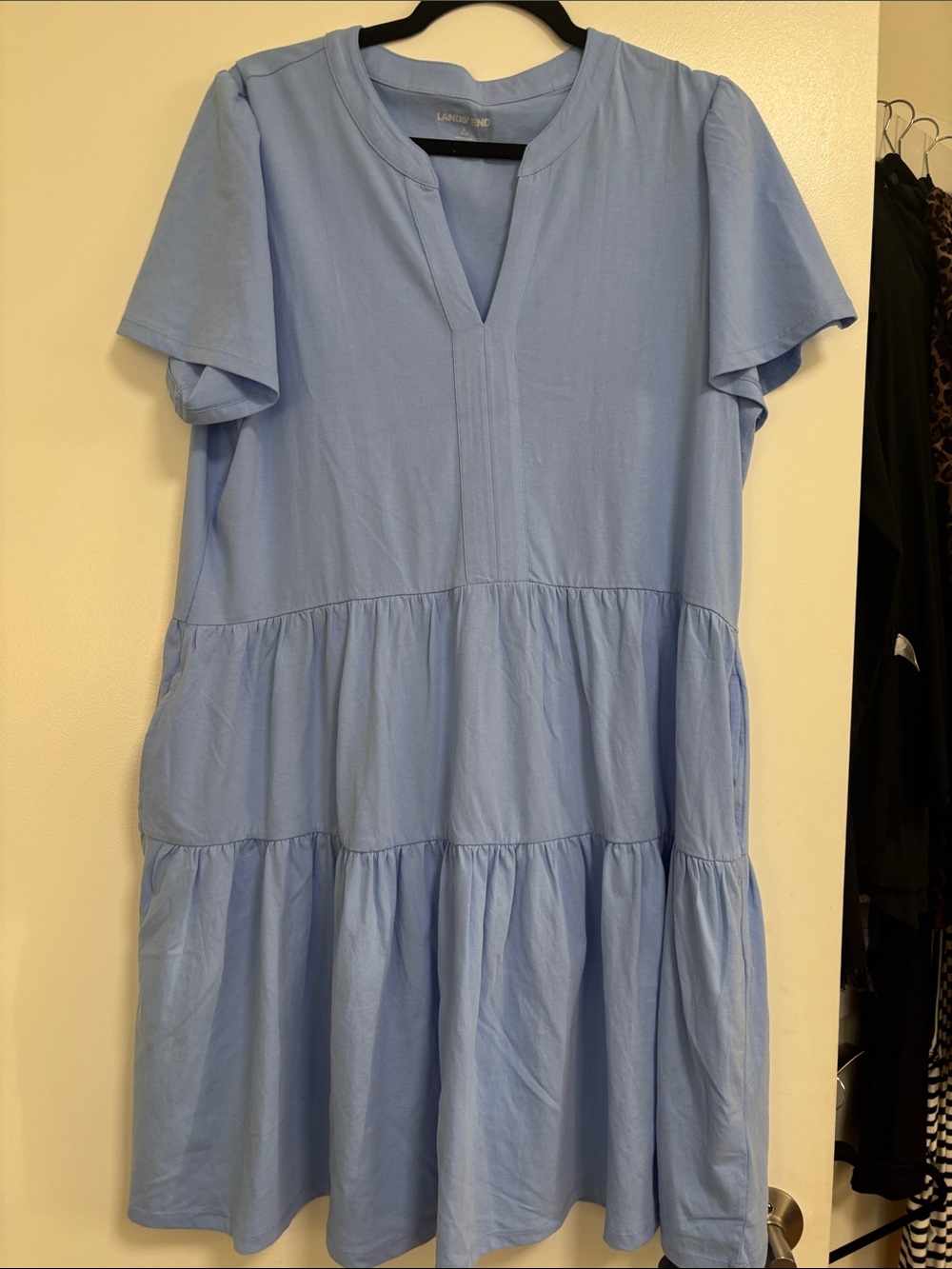 Lands' End Light Blue Tiered V‑Neck Short Sleeve Dress